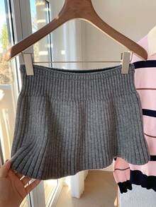 Comfortcana Women's Dark Grey Ribbed Mini Casual Sweater Skirt, Winter Sweater Dress - Dark Grey - View 6