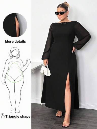 Truni Vestido largo de manga larga transparente con abertura para mujer talla grande, vestido sin espalda para otoño/invierno