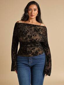 SHEIN BAE 加大码黑色露肩不对称喇叭长袖两用上衣，优雅甜美，适合日常外出、约会、圣诞节、新年、优雅派对、毕业典礼等场合。 - 黑色 - 查看 5