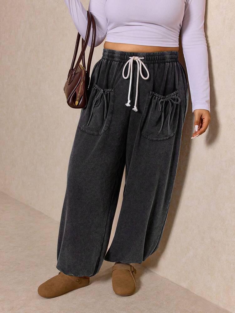 Elaquor Plus Size Casual Washed Distressed Dual Pocket Drawstring Waist Pants Casual For Women - Black - View 6