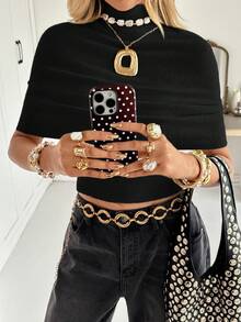 Siren Gaze Women's Elegant Solid Color Turtleneck Wrap Knit Top Summer Black Casual - Black - View 5