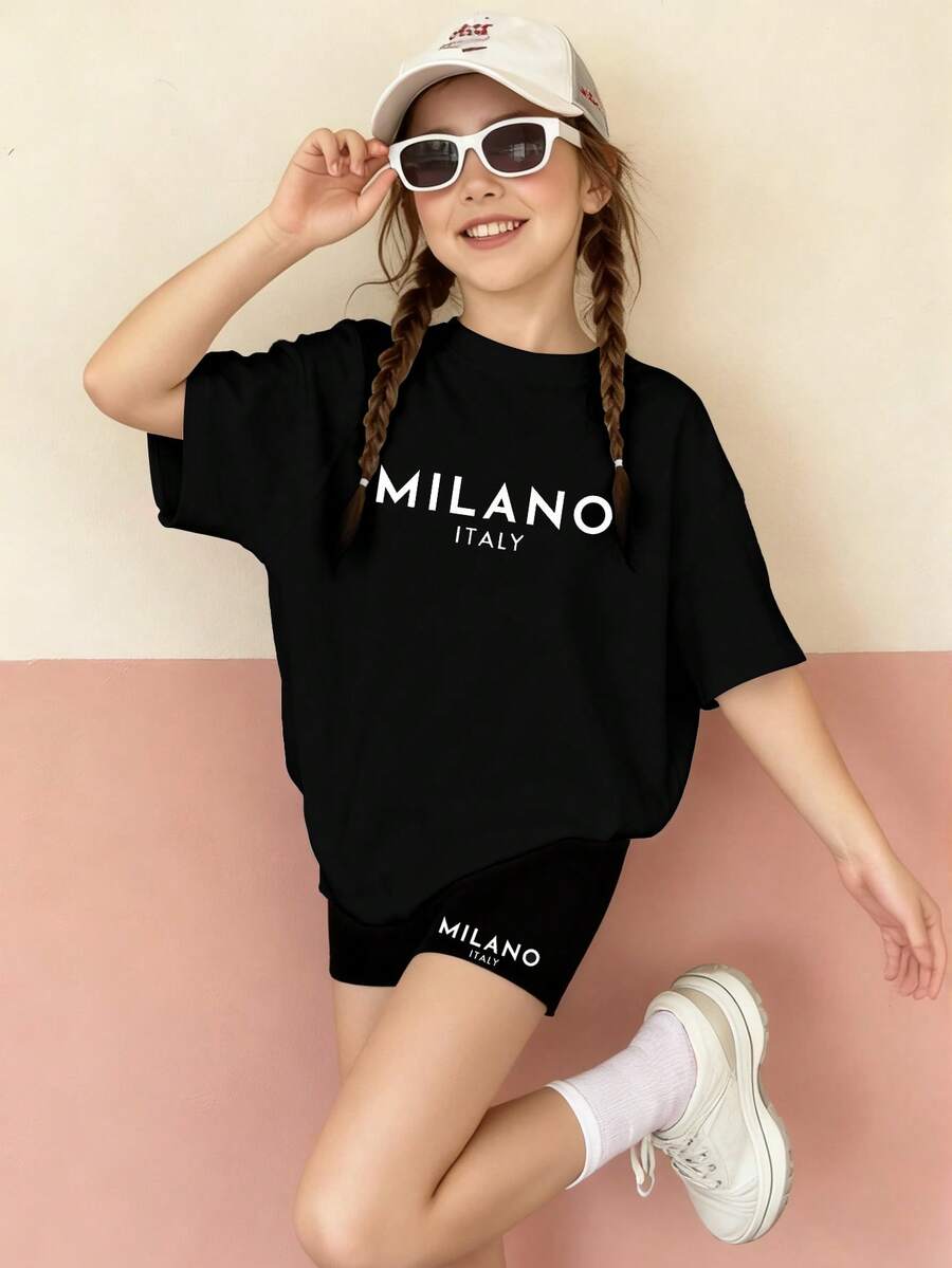 SHEIN Sparklyn 2pcs Teenage Girls Casual Versatile Cycling Pants Set, School, Campus, College - Black - View 1