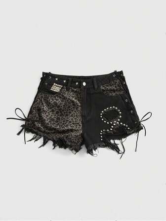 Grunge Punk Shorts vaqueros de cintura baja con estampado de leopardo, parches, tachuelas y flecos, estilo sexy y callejero, para el colegio
