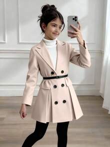 Elladie kids 新款优雅法式红色长袖西装裙，正式场合褶裥连衣裙，别致女神翻领双排扣长袖连衣裙 - 杏色 - 查看 1