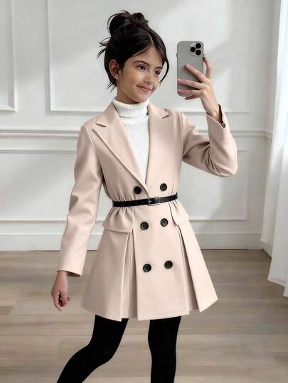 Elladie kids 新款优雅法式红色长袖西装裙，正式场合褶裥连衣裙，别致女神翻领双排扣长袖连衣裙