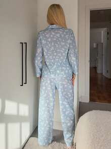 DAZY Contrast Color Letter Embroidery Striped Loose Women Pajama Set, Winter Clothes