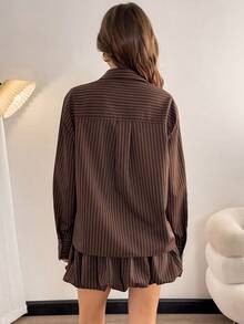 SHEIN Tall 女士休闲套装，女士秋季穿搭，棕色泡泡裙和衬衫，棕色条纹 - 棕色 - 查看 3
