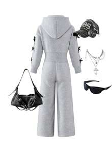 Genkimix Kids 韩版少女舒适灰色抓绒蝴蝶结松紧腰连体衣 - 淺灰色 - 查看 2