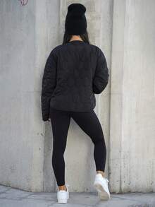SAYEHFBABY Fashionable Casual Solid Color Geometric Pattern Round Neck Pocket Padded Padded Coat Clothes Winter  Fall Cloth For Women - Black - View 2