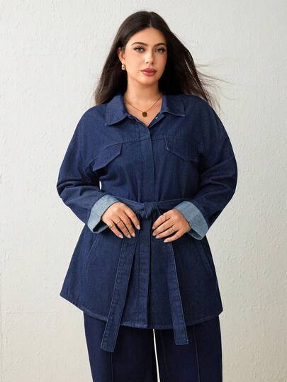 Selenza Plus Size Women's Solid Color Washed Denim Jacket, Autumn/Winter