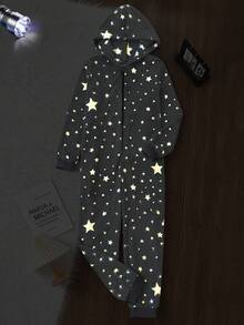 Teen Boys Pajamas-Hooded  Zip Front Long Sleeve Full Length Pants Starry Sky Print Gray Thick Warm Autumn Winter 2026 New Year Essential Luminous Effect Boys Lounge Set  Pajama Jumpsuit - Grey - View 6