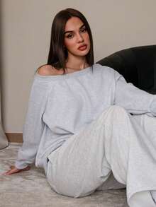 Bris Aura Loose Fit Asymmetrical Shoulder Sweatshirt Casual, Airport Back To School Fall Autumn Winter Christmas - Grey - View 5