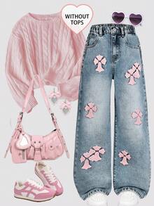SHEIN ChillGRL 少女牛仔裤 - 做旧花卉刺绣阔腿牛仔裤，复古水洗牛仔布，Y2K美学，休闲，可爱，复古，2000年代流行/波西米亚风格，适合春、夏、秋、冬四季穿着。蝴蝶结牛仔裤，宽松星星牛仔裤，粉色蝴蝶结刺绣交叉牛仔裤，Y2K牛仔裤。 - 淺色水洗藍 - 查看 9
