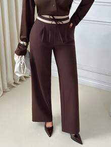 EURMUSE Women's Casual Everyday Office Commute Contrast Striped Waist Fold Pleated Loose Wide Leg Pants, Brown Wide-Leg Pants, High-Waist Brown Trousers, Tailored Wide-Leg Trousers, Women's Dress Pants Brown, Chocolate Brown Palazzo Pants, Office To Evening Trousers, Workwear Wide-Leg Pants, Elegant Brown Pants For Women, Belt-Detail High-Waist Trousers, Formal Wide-Leg Dress Pants, Long-Leg Trousers For Women, Professional Brown Pants, Buy Brown Trousers Online, Shop Tailored Wide-Leg Pants, - Multicolor - View 5