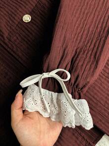 Franclia Vintage Lace Embroidered Bowknot Patchwork Round Neck Casual Jacket, Suitable For Autumn/Winter - Red - View 7