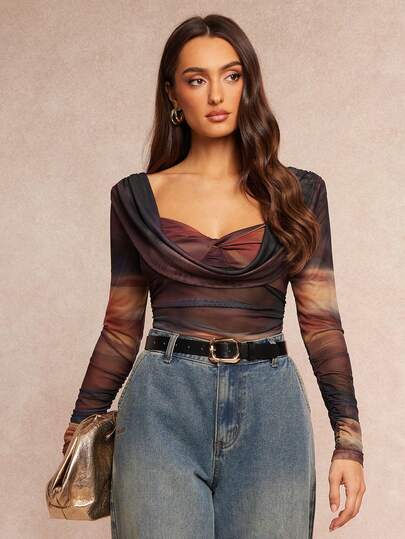 Silquee Women's Fashionable Tie-Dye Print Top With A Stylish Drop Neck And Gathered Mesh Fabric. A Versatile Top Suitable For Everyday Wear, Dates, Winter Casual Wear, Halloween, Christmas, And Other Occasions. Sheer Long Sleeve Top Long Sleeve Mesh Top See Through Tops Sheer Tops For Women