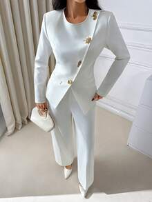 EURMUSE Waist Fitted White Blazer With Gold Button Detail
