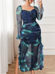 Modelyn Women's Plus Size Long Sleeve Multicolor Knitted Fabric Dress Sheer Look Elegant Formal Evening Gown - Multicolor - View 3