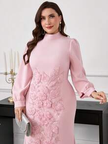 Modelyn Elegant Pink Plus Size Maxi Dress With Stand Collar And Puff Sleeves Embellished With Floral Applique For Women Fall - Pink - View 6