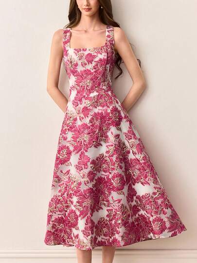 Aveloria Rosie 优雅法式风情女士奢华约会之夜浪漫高端精致压花箔印花面料连衣裙，宽领无袖收腰喇叭裙摆设计。