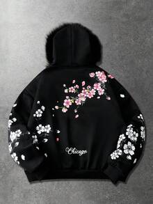 ROMWE MEN 男士加厚街头风卫衣，美式樱花及英文印花，毛领，秋冬款 - 黑色 - 查看 2