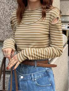 FRIFUL Damen gestreiftes Rundhals Langarm Ausschnitt-Schulter Lässig T-Shirt, vielseitig für Herbst/Winter