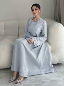 Al Najma Váy Ả Rập dài tay thanh lịch viền vỏ sò màu trơn dành cho nữ - Màu xanh lam - Xem 2