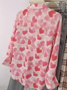 GlowEve CURVE Plus Size Women Summer Heart Pattern Long-Sleeve Shirt,Blush Pink,Autumn,Casual,Formal,Wedding Ninang Commute Valentine's Day Birthday Daily Tops Fall - Pink - View 2
