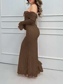 Jemour 女士露肩长袖前系带修身连衣裙，新年女士连衣裙，新年派对连衣裙，情人节 - 棕色 - 查看 4