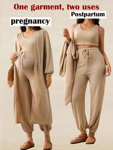 SHEIN Maternity Lantern Sleeve Long Jacket, Cropped Tank Top And Jogger Pants Casual 3-Piece Set, Autumn  Beach Set - Apricot - View 4