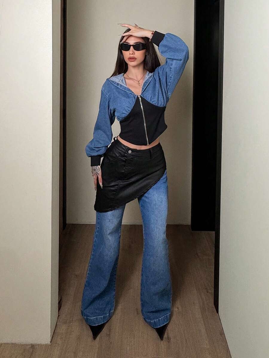 Jeanoix Women's Fashion Color Block Flare Leg Jeans - Blue - View 1