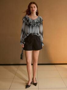 MOTF PREMIUM TWO TONE STRIPED PRINT RUFFLE TRIM TIE FRONT FLARE SLEEVE BLOUSE , FALL WINTER