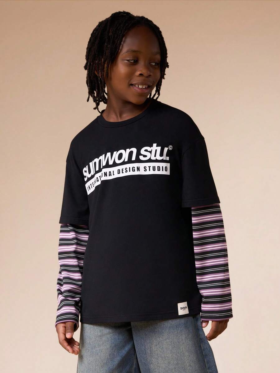 SUMWON Tween Boys Double Layer Long Sleeve Crew Neck T-Shirt With Striped Sleeve Contrast Design Graphic Print Casual Vacation - Multicolor - View 1