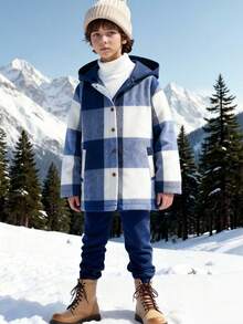 Genkimix Kids Young Boys' Fashionable Single Jacket, This Is A Woven Thick Plaid Patchwork Knit Fleece Hoodie Sweatshirt Jacket With Simple Elegant Button Design, Convenient To Wear, Suitable To Pair With Jeans Or Casual Pants, Suitable For Autumn/Winter, Daily Wear, School, Travel - Blue and White - View 7