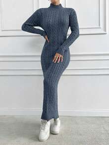 EURMUSE 1 Set Elegant Solid Color Stand Collar Fitted Long Sleeve Sweater Dress And Long Sleeve Cardigan Sweater Set - Dusty Blue - View 2
