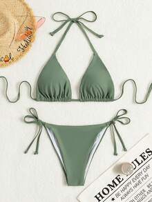 Swim Basics Summer Beach Halter Triangle Tie Side Bikini - Green - View 2