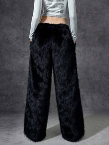 LYSMO 新款极简主义冬季女装时尚纯色蓬松长裤，冬季流苏裤飘逸裤黑色阔腿裤女式流苏裤荷叶边裤 - 黑色 - 查看 2