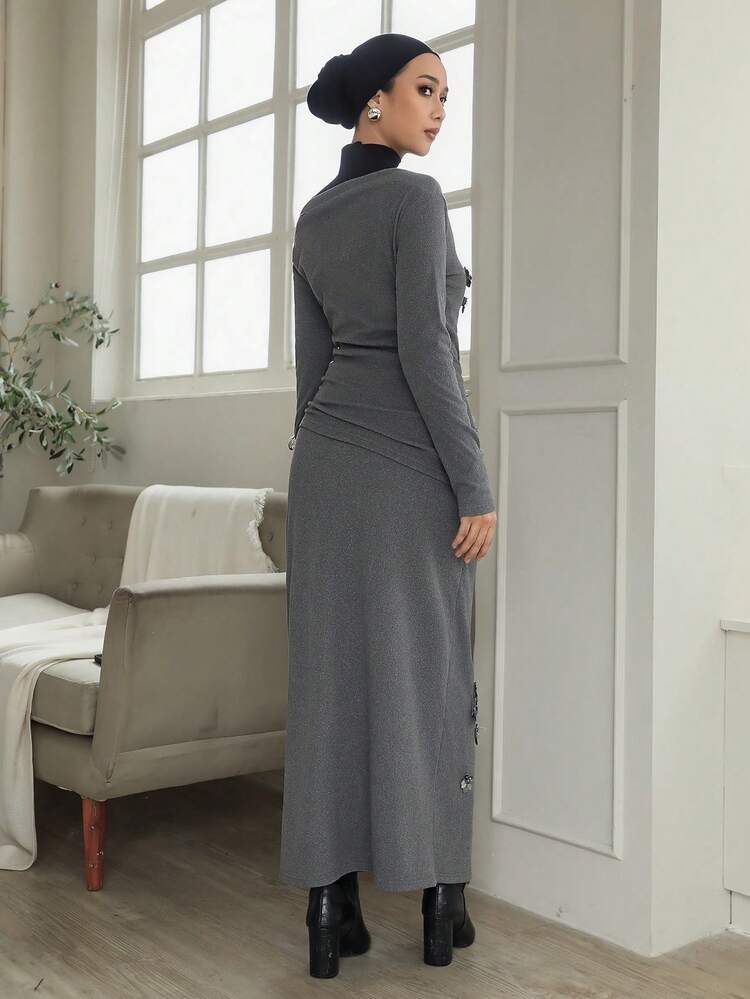 Sequin Flower Contrast Color Splice Asymmetric Neck Long Sleeve T-Shirt & Asymmetric Hem Split Straight Skirt Elegant 2 Pieces Set For Women, Autumn/Winter