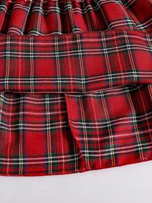 SHEIN Girls' Vintage Red And White Plaid Dress,Long Sleeve Ruffle Trim Bow Decor Waist Cinched Patchwork Elegant Wedding Guest Dress For Autumn,Christmas - Burgundy - View 6
