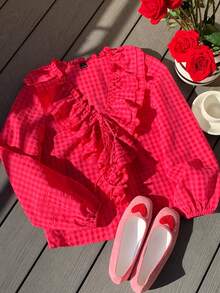 Comfortcana 女士系带V领长袖格子衬衫 - 紅色 - 查看 4