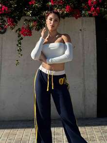Bearsaez Women's Retro Casual Sports Sweatpants With Numeric Print & Waist Splicing Details, Spring/Summer Graduation,Back To School Outfits,Graduation,Teacher Outfits For Women,Back To School Fall Cloth For Women - Blue - View 6