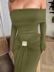 Jemour 露肩长袖裹身长裙度假春夏婚礼宾客假日海滩伊比沙岛性感毕业秋季夜外出婚礼宾客、优雅、约会之夜、秋季圣诞派对 - 軍綠色 - 查看 3