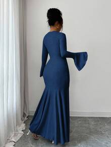 Elenzga Vestido elegante de mujer con volantes en las mangas, ajustado y con bajo de cola de sirena, para otoño/invierno - Azul Marino - Ver 2