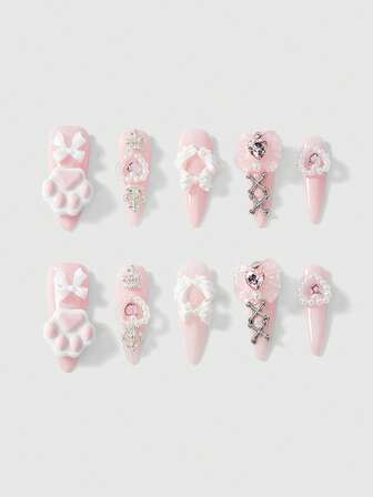 Kawaii 10 Stücke handbemalte, wiederverwendbare künstliche Fingernägel im niedlichen Katzenkrallen-Schleifen-Design + 3 Stücke doppelseitiges Klebeband, hochwertige Y2K-Aufkleber in Diamant-Mandelform, geeignet für Feiertage, Partys und den Alltag