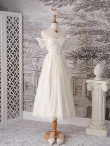 SHEIN MOD 杏色梦幻浪漫华丽蕾丝拼接缎面露肩连衣裙，带有层叠荷叶边和蝴蝶结 - 非常适合约会、派对、节日、茶会和生日装扮