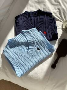 Comfortcana 女士休闲多色百搭刺绣针织背心，蓝色拼接毛衣背心，适合秋冬季穿着 - 彩色 - 查看 7