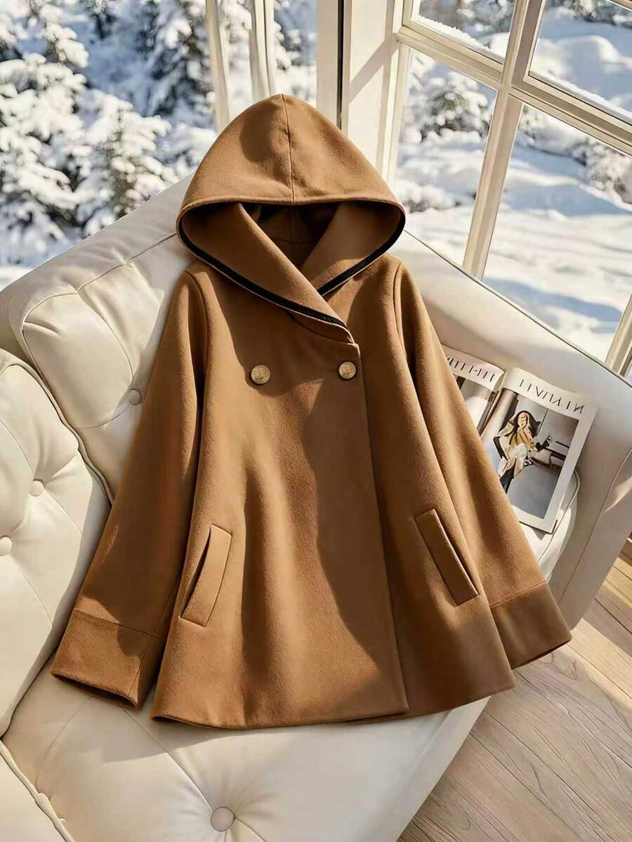 Franclia New Autumn/Winter Hooded Loose Wool Khaki Coat, Commuter Style