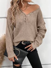 SHEIN LUNE 四分之一纽扣落肩毛衣，长袖上衣