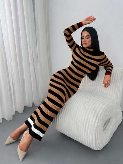 EURMUSE Striped Ribbed Knit Bodycon Midi Dress – High Neck Long Sleeve Pullover With Contrast Cuff Detail – Beige & Black Long Sleeve Striped Dress Knit Striped Dress Fitted Striped Dress Striped Dress Striped Maxi Dress Black And Beige Striped Dress,Winter Dresses For Women,Dresses For Women,Jumpers For Women,Winter Dresses