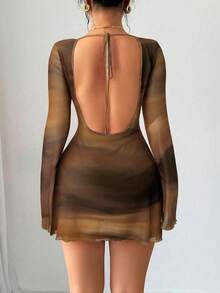 Firerie Váy xòe tay loe hở lưng in họa tiết nhuộm loang cỡ lớn cho nữ, váy đi nghỉ, gợi cảm/nghỉ dưỡng/bãi biển/lãng mạn/lễ hội âm nhạc/thường ngày - Màu nâu  Mocha - Xem 8